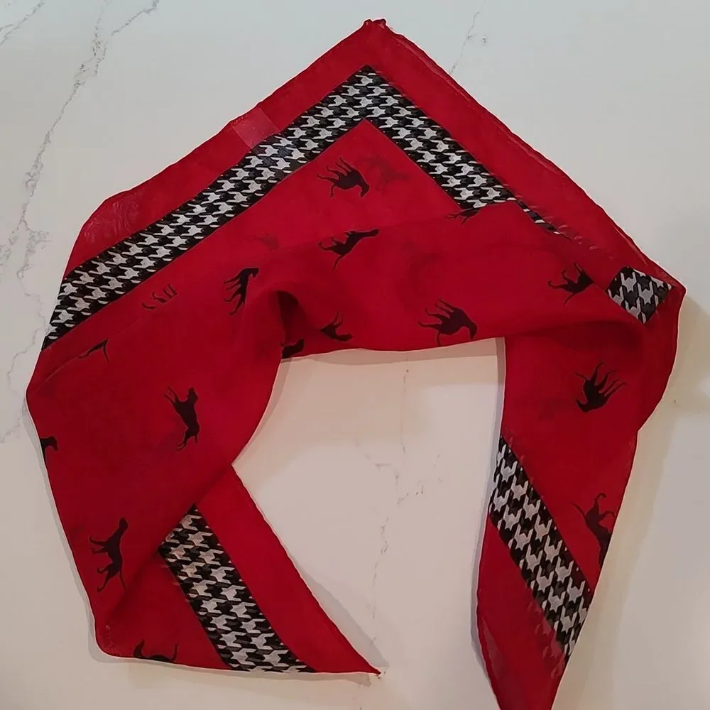 Liz Claiborne Square Novelty Dog Print Red Scarf with Herringbone Trim